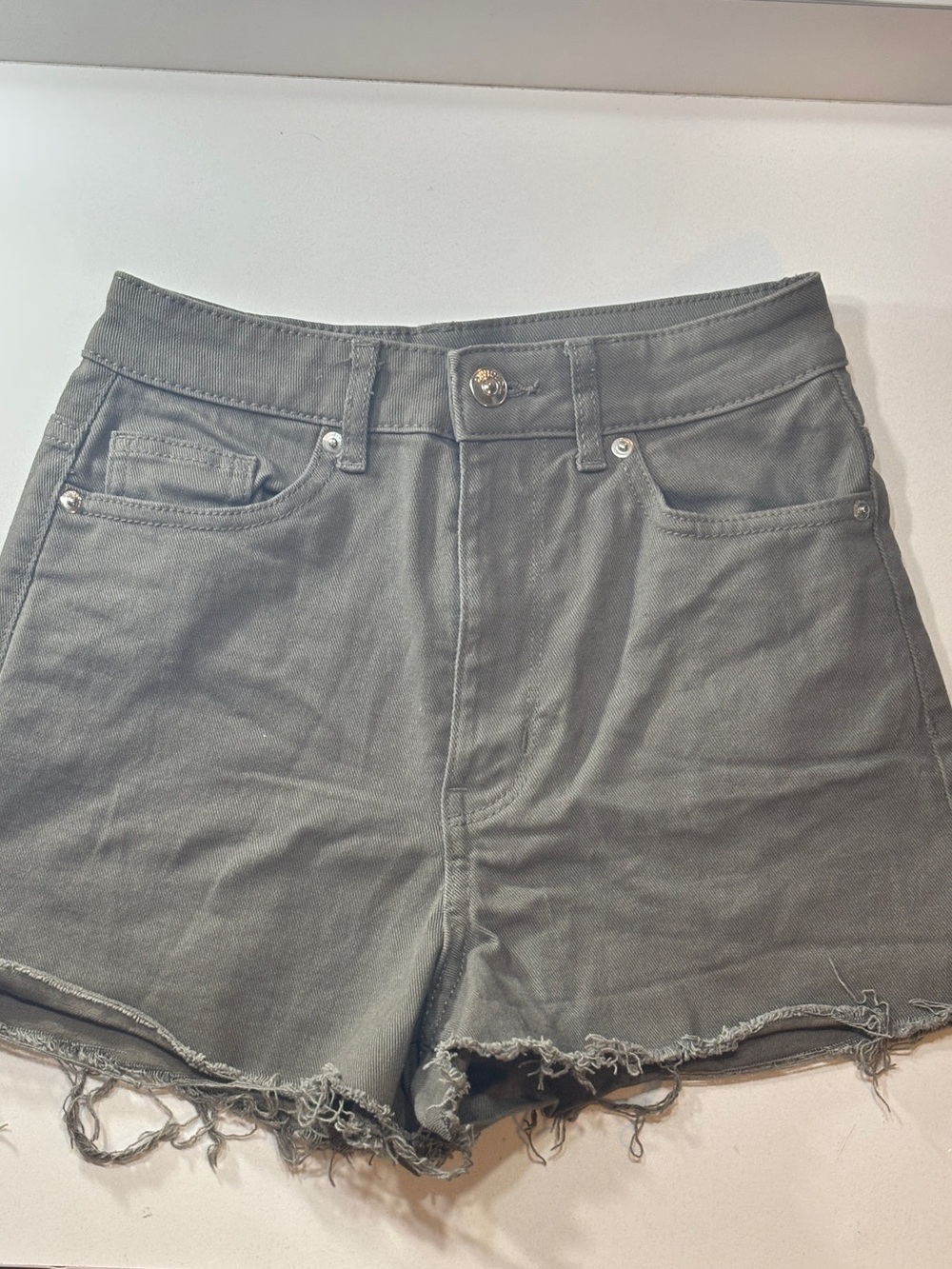 H&M Olive Green High-Rise Frayed Hem Jean Shorts